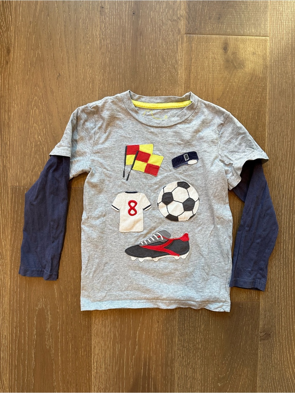 Mini Boden Soccer Graphic Layered Long Sleeve Shirt - Gray & Navy 5/6
